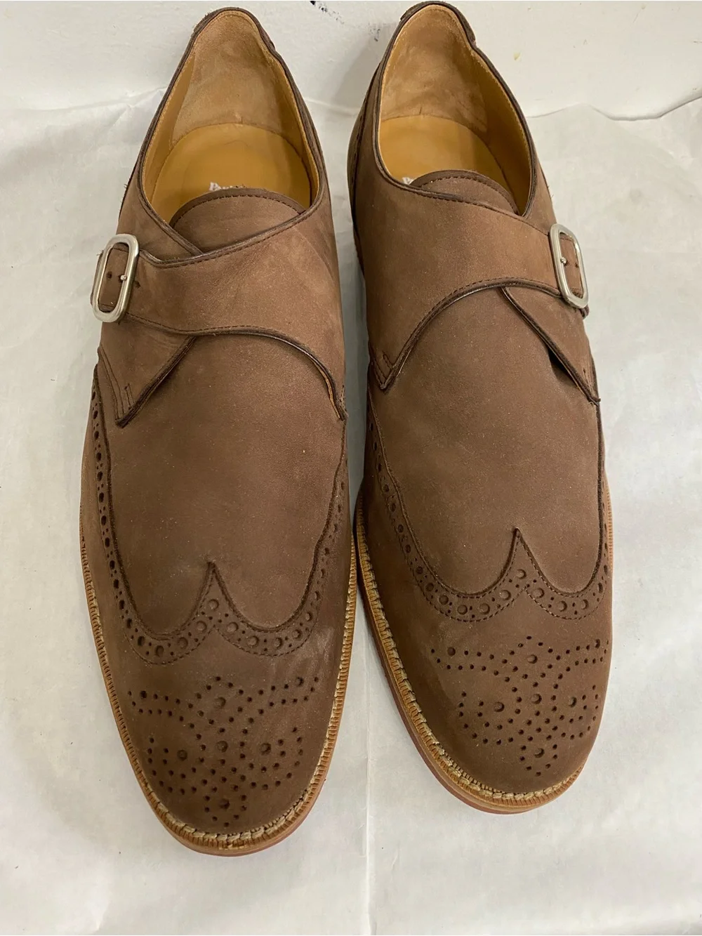 Paul Stuart Suede Brogue Wingtip Monk Strap Loafers. Made in Italy. Size13